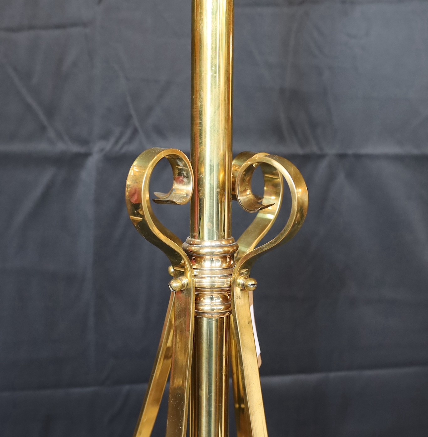 A late 19th century English brass and copper telescopic oil lamp standard converted to electricity, height 145cm. width of base 55cm.